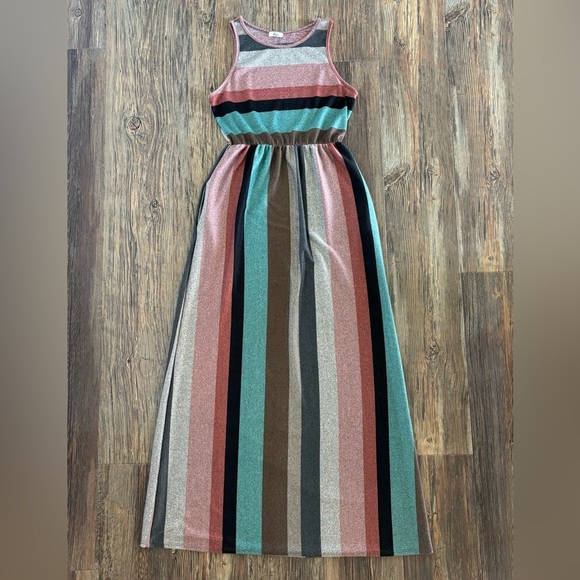 Egy California Sleeveless Maxi Dress Size XL Pink Teal Gray Multi Heather Stripe - Picture 1 of 8